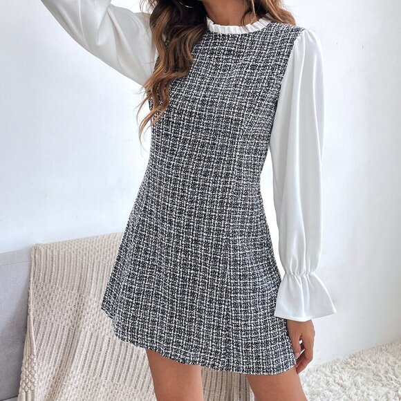 Black and White Elegant Women's Plaid Flounce Sleeve Frill Trim Tweed Dress - Picture 3 of 5